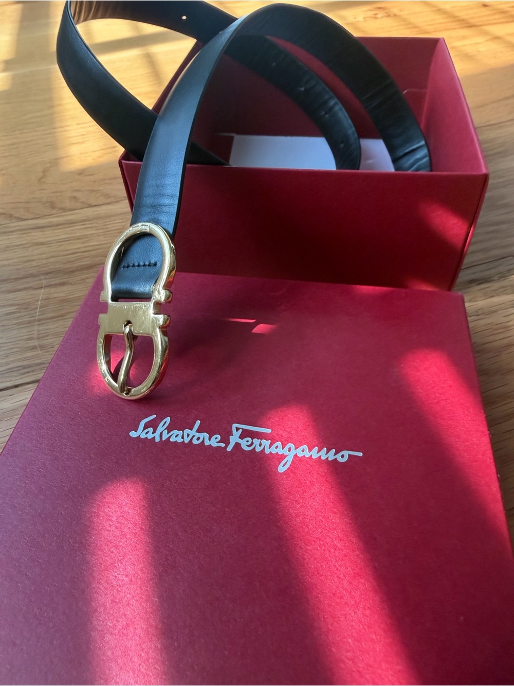 Salvatore Ferragamo Black Leather Belt with Gold Gancini Buckle Size 85